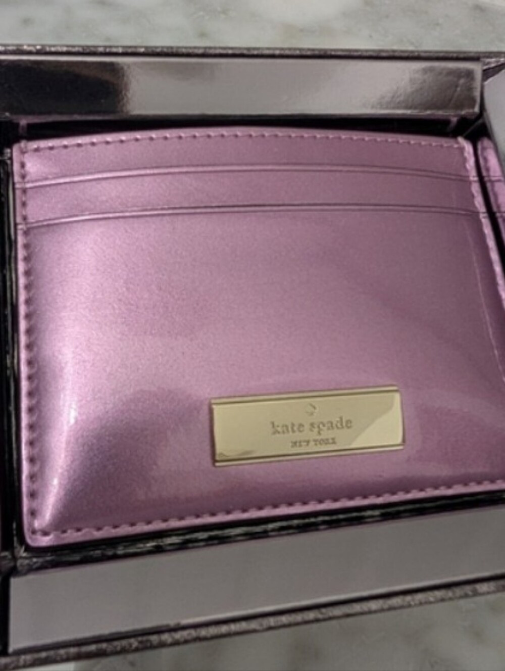 KATE SPADE metallic lavender ID CARD HOLDER NWT/ GIFT BOX - Picture 2 of 5